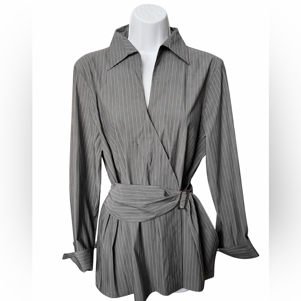 Talbots Gray Pinstripe Wrap Blouse - Picture 9 of 10